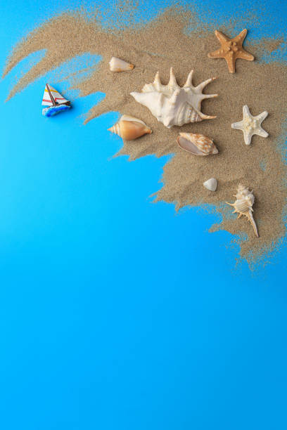 istock Flat lay composition with beautiful starfishes and sand on blue background. Space for text 1935609047