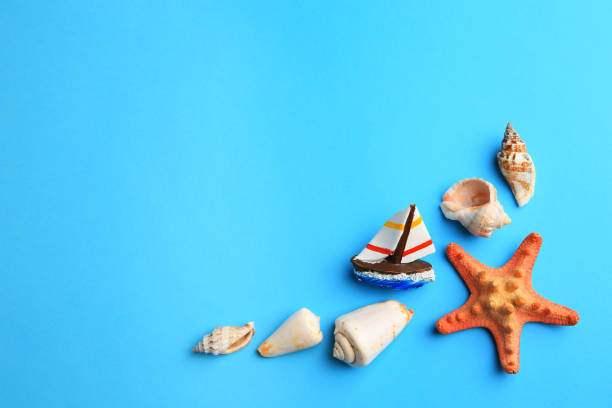 istock Beautiful starfish, decorative ship and shells on blue background, flat lay. Space for text 1935613254