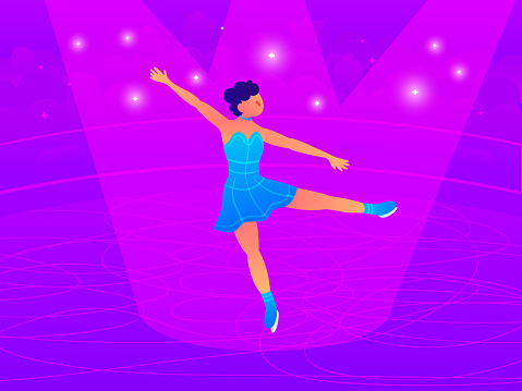 A vibrant vector illustration captures the essence of figure skating as a young girl gracefully performs on the ice. Her flowing costume reflects movement, while precise lines depict intricate spins and jumps. The illustration radiates energy and elegance, showing the dynamic beauty of a figure skating performance.