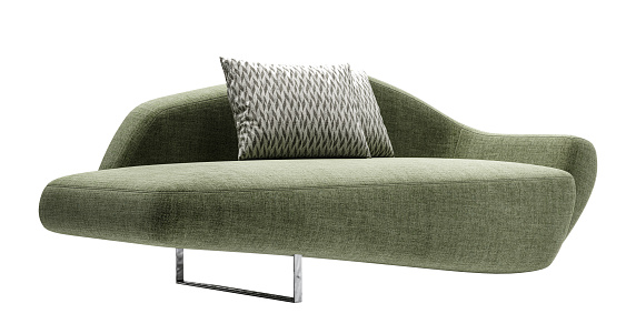 Modernand luxury green fabric sofa with pillows isolated on white background. Furniture Collection.