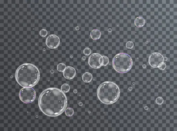 Vector illustration of Realistic soap vector bubbles isolated on transparent background. The effect of falling and flying bubbles. Glass bubble effect.