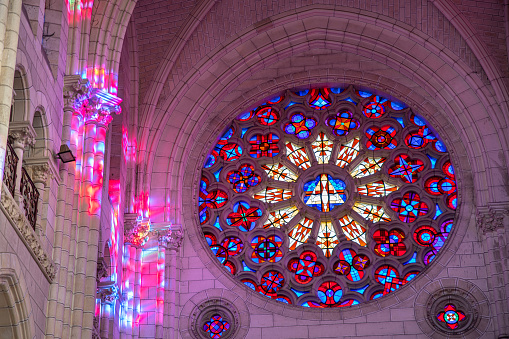 Colourful stained glass windows in the church of Saint-Nazaire in Loire Atlantique, France