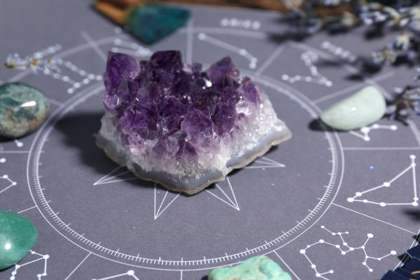 istock Astrology prediction. Zodiac wheel and different gemstones, closeup 1935644831