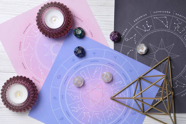 istock Astrology prediction. Flat lay composition with zodiac wheels on white wooden table 1935644848