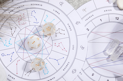 Zodiac wheel, natal chart, astrology dices and stones on grey table, flat lay