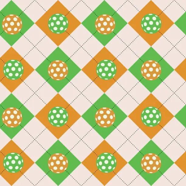 Vector illustration of Orange and green pickleballs on argyle seamless pattern.
