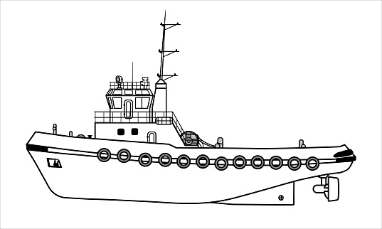 Outline of Industrial boat. Port marine tugboat, with black dampers. Side view. Vector illustration isolated on a white background in a flat design.