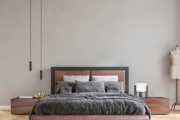 istock Front view of a luxury bedroom with  leather double bed and decoration 1935660771