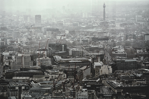 Marylebone & Farringdon, The City of London, England, United Kingdom, Great Britain - 8th of January, 2024: An aerial photo shot presents an awe-inspiring panorama of the United Kingdom's capital city, London, in broad daylight. The urban landscape of London City.