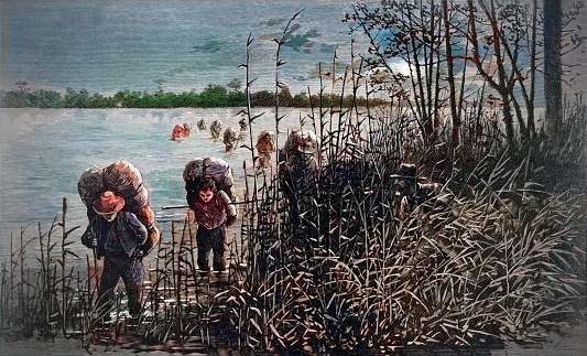 Vintage image features smugglers with backpacks walking across the Rio Grande, while U.S. customs officers hide in the bushes in the foreground. Current border issues include heightened concerns about illegal activities and unauthorized crossings. Ongoing debates on border security and immigration policies shape discussions on the Rio Grande's role in contemporary border challenges.