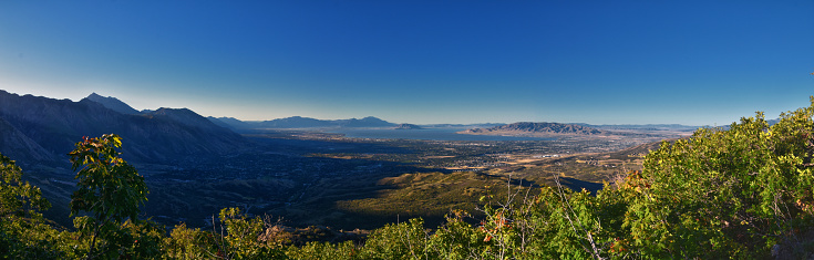 Lone Peak and surrounding landscape view, Jacob’s Ladder hiking trail, Lone Peak Wilderness, Wasatch Rocky Mountains, Utah, USA.