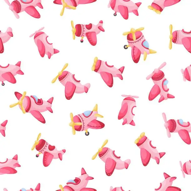 Vector illustration of Cute children's seamless pattern with pink planes. Creative kids texture for fabric, wrapping, textile, wallpaper, apparel. Vector illustration