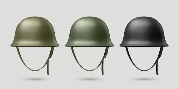 Vector illustration of Vector 3d Realistic Military Protect Helmet Set Closeup Isolated. Helmet, Army Symbol of Defense and Protect. Soldier Helmet Design Template
