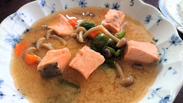 Salmon miso soup with mushrooms. Homemade.