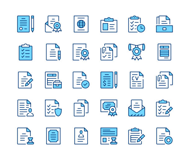 Legal documents icons set. Vector line icons. Blue color outline stroke symbols. Modern concepts - ilustração de arte vetorial