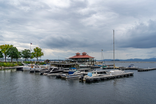 Burlington, Vermont, USA – October, 2023. The marina on Champlain Lake at Burlington, Vermont, USA.