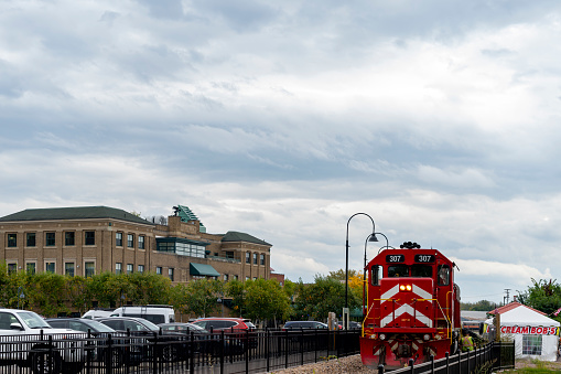 Burlington, Vermont, USA – October, 2023. Rail track through Burlington, Vermont, USA. Railway line in Burlington.