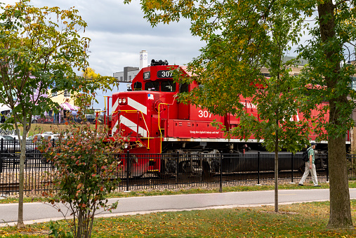 Burlington, Vermont, USA – October, 2023. Rail track through Burlington, Vermont, USA. Railway line in Burlington.