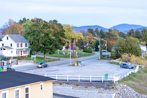 Lake Placid, New York State, USA – October, 2023. The road through Lake Placid town, New York State, USA.