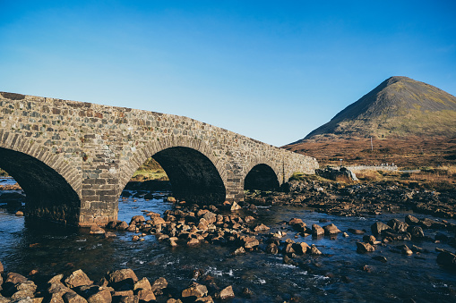 Sligachan old bridge in the Scottish Highlands landscape, Isle of Skye, Scotland