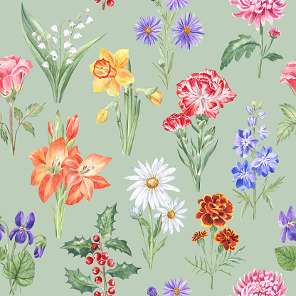 Carnation, daisy, gladiolus, lily of the valley, marigold, larkspur, aster, violet, holly, chrysanthemum, rose, daffodil, Watercolor painted elements