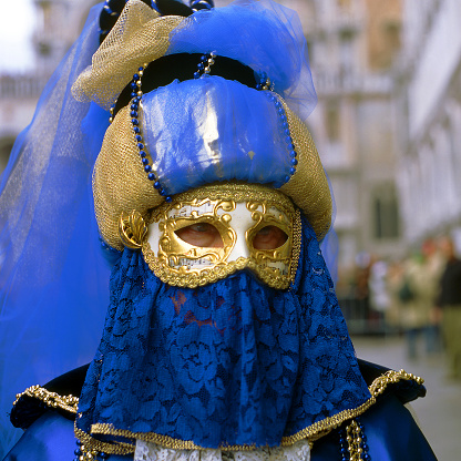 Venice, Italy - 13th february 2023 Carnival time and masked people gather in costume in Piazza San Marco area, Venezia.