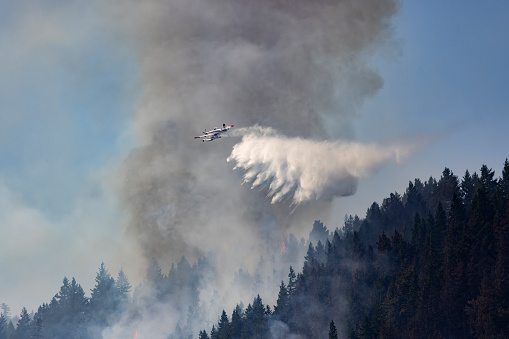 White Salmon, Washington, USA - July 4, 2023: An Air Tractor AT-802A Fire Boss aircraft, operated by Air Spray, drops water on the Tunnel 5 fire just west of White Salmon in the Columbia River Gorge.
