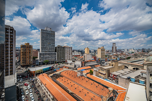 Views of São Paulo, Brazil from the window fo the Shopping Mundo Oriental building, facing the municipal market