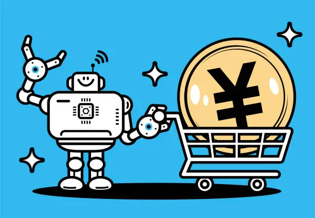 Vector illustration of An Artificial Intelligence Robot pushing a shopping cart with money, Financial Automation