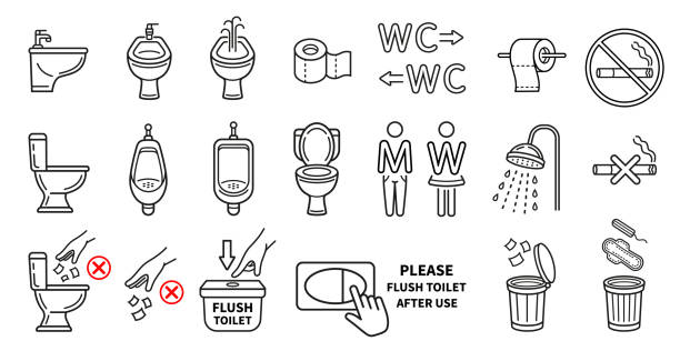 ilustraciones, imágenes clip art, dibujos animados e iconos de stock de wc de inodoro público, baño para hombres y mujeres, urinario masculino, bidé, cuarto de ducha, conjunto de iconos de línea de plomería de baño. rollo de toalla de papel tisú. higiene corporal. enjuague el agua en el inodoro. tira la basura en el con - women bathtub bathroom water