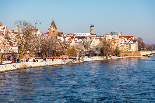 The City of Ulm, the old town, a winter view across Danube River, Baden Wurttemberg, Germany.