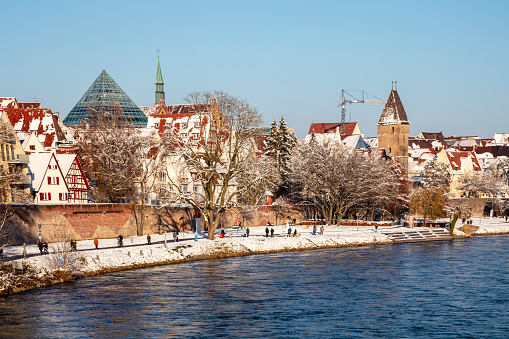 The City of Ulm, old town, a winter view across Danube River, Baden Wurttemberg, Germany.