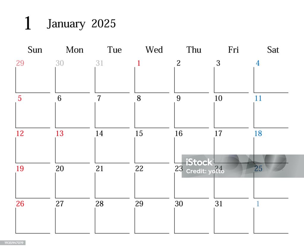 Calendar For Japan January 2025 Stock Illustration - Download Image Now