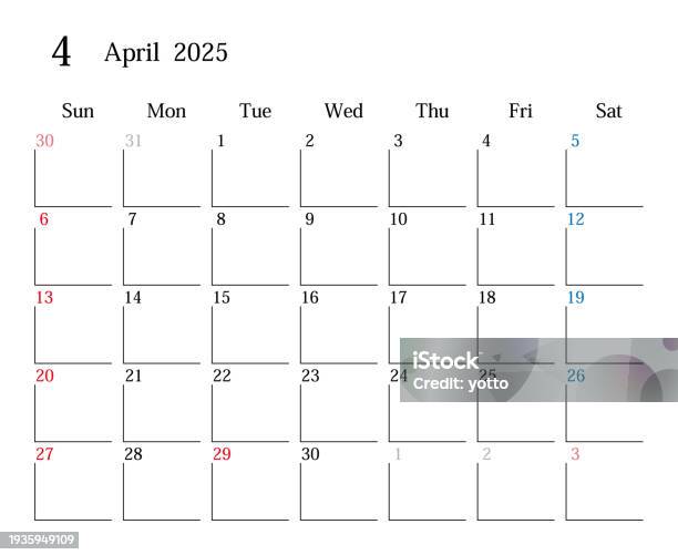 Calendar For Japan April 2025 Stock Illustration - Download Image Now