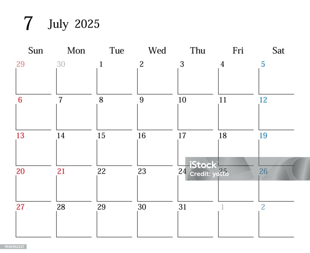 Calendar For Japan July 2025 Stock Illustration - Download Image Now