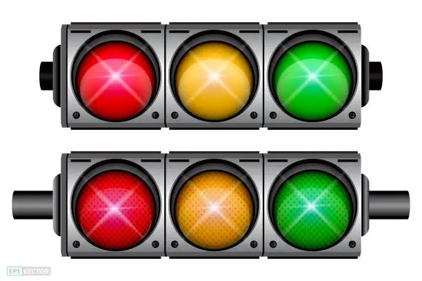 Vector illustration of set of realistic traffic light with flash light isolated. Eps Vector