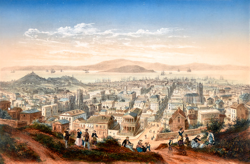 Vintage image features a San Francisco scene from 1860, capturing the view from Nob Hill towards the harbor and bay. On the left stands Telegraph Hill, with Rincon Point on the right. The image reveals a bustling cityscape, densely populated with buildings, residences, and visible churches.