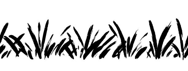 ilustrações, clipart, desenhos animados e ícones de grass doodle ink brush sketch seamless field border. hand drawn vector grass field grunge texture brush background. doodle herb, organic seamless pattern elements. vector - spring clover leaf shape clover sketch