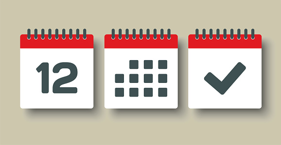 Set vector icons page calendar - day 12, mark done, agenda app. Mark business, deadline, date icon. Pictogram yes, success, check, approved, confirm and reminder. Date schedule