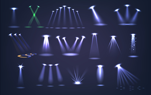 Realistic Spotlights Vector Set, Focused Sources Of Light Used To Highlight Areas Or Objects, Creating Emphasis And Enhancing Visual Appeal In Various Settings Such As Stages, Displays, Or Landscapes