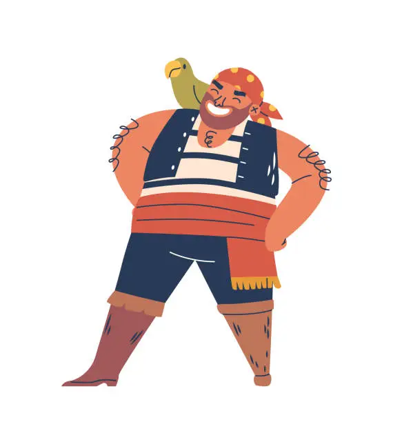 Vector illustration of Rugged Pirate Character With A Colorful Parrot Perched On His Shoulder, Navigates The Seas With A Wooden Leg