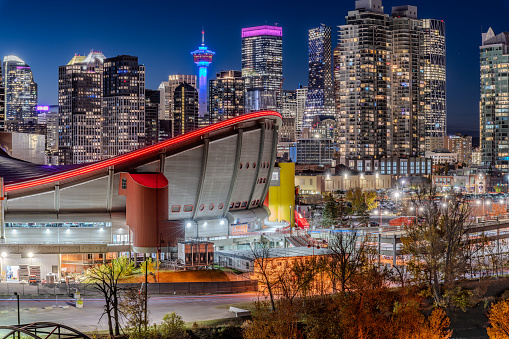 Downtown buildings lights and Calgary tower illuminated