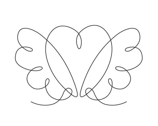 Vector illustration of Cute heart single line drawing with cupid wings