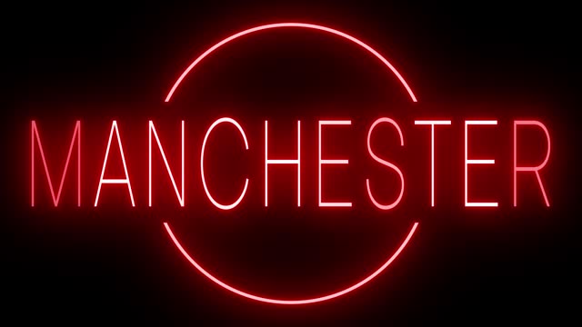 Glowing and blinking red retro neon sign for MANCHESTER