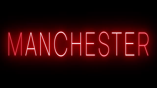 Glowing and blinking red retro neon sign for MANCHESTER