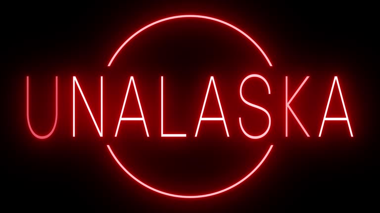 Glowing and blinking red retro neon sign for UNALASKA