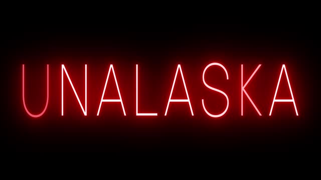 Glowing and blinking red retro neon sign for UNALASKA