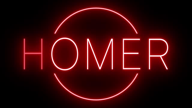 Glowing and blinking red retro neon sign for HOMER