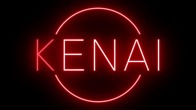 Glowing and blinking red retro neon sign for KENAI