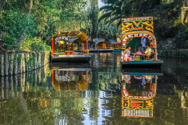 A couple of Trajinera a gondola style boats, or colourful rafts Mexico City, Mexico. Jan 11, 2024. A couple of Trajinera a gondola style boats, or colourful rafts gliding along the Xochimilco canals, with tourists enjoying the ride. trajinera stock pictures, royalty-free photos & images